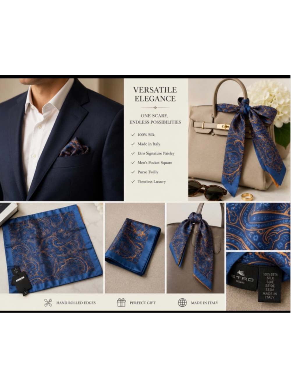Kiton Pocket Square or Twilly Blue Orange Paisley Silk Luxury